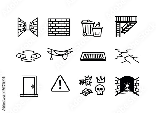 Dark Alley. Line icon set of Dark Alley: narrow alleyway, brick walls, trash bins, fire escape ladder, puddle reflection, hanging wires, street drain, cracked