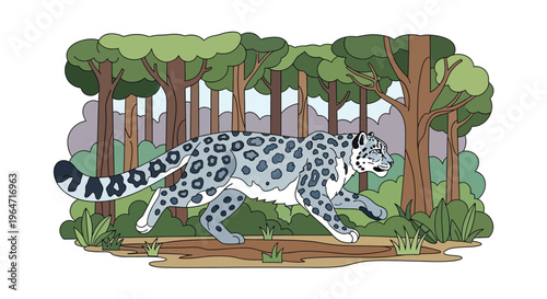A snow leopard walks through a stylized forest landscape illustration