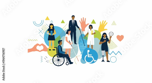 Diverse group of people with disabilities and abilities together in a colorful inclusive community setting with symbols of accessibility and support