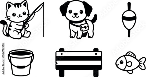 Black and white cat fishing dog pouch bucket bench fish bobber line art