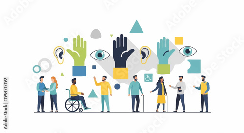 Diverse group of people with disabilities and abilities interacting with inclusive symbols and icons promoting accessibility and equality in a vibrant colorful setting with mixed