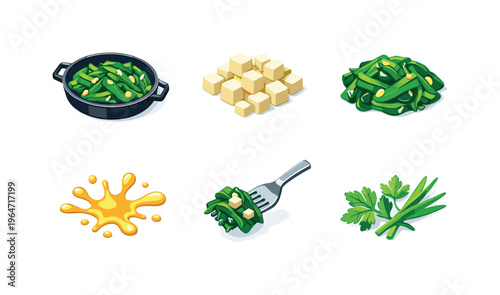 Garlic Greens. Isometric flat vector icons set of Garlic Greens: saute pan overhead view, chopped garlic cubes, glossy cooked greens, oil splash accent, fork