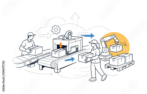 Packaging line. Automated machines sealing boxes, arrows and lines showing flow and movement. Industrial clarity, speed, and modern production energy. Modern