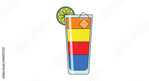 A colorful layered drink in a tall glass garnished with a lime slice presented as a silhouette high quality professional detailed