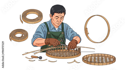 Artisan Crafting a Woven Basket: An artisan, engrossed in his craft, meticulously weaves a traditional basket. His skilled hands bring form and function to the natural materials.