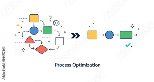 Process optimization concept. Editorial illustration of simplified process blocks transforming into a shorter, cleaner flow, representing improvement and