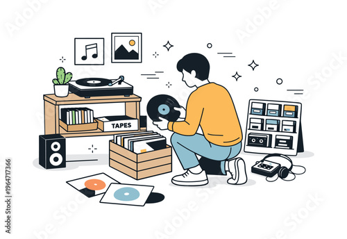 Vinyl and cassette revival. A person browsing vinyl records and cassette tapes in a cozy modern corner. Calm nostalgic mood blending analog music