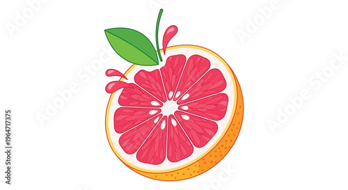 A vibrant cross section of a grapefruit is displayed featuring red pulp and a green leaf presented as a silhouette high quality
