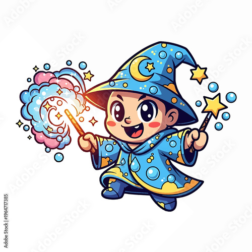 Cute Cartoon Wizard Child in Blue Costume with Magic Wand.