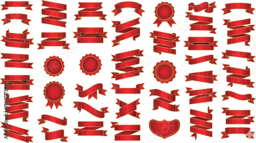 Red ribbon banners and gold wax seal vector set featuring shiny decorative scrolls and premium award labels for celebratory certificates greeting cards and holiday promotion designs.