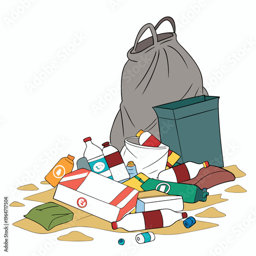 Trash and garbage scattered around gray trash bag waste
