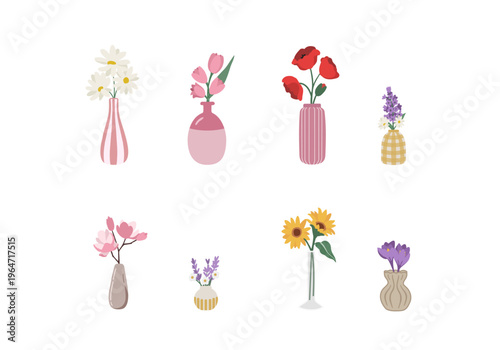 Colorful spring flowers arrangements in vases, vector collection with tulips sunflowers wildflowers lilac lavender poppy magnolia botanical illustration set, hand drawn floral arrangement