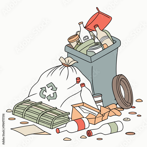 Trash and garbage scattered around recycling bin waste