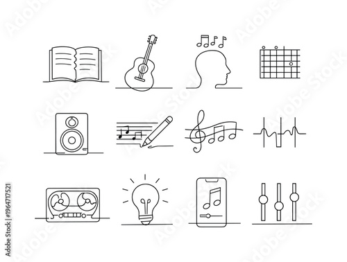 Songwriting Process. Minimalistic set one-line drawing notebook with lyrics, acoustic guitar, microphone, melody notes above head, chord diagram, recording