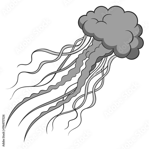 Gray smoke cloud with long tendrils on white background