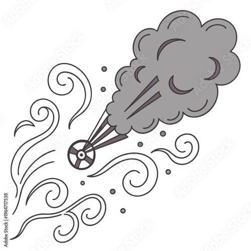 Gray smoke cloud with wheel and swirls on white background