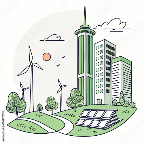 Cityscape with green buildings, wind turbines, and solar panels eco-friendly