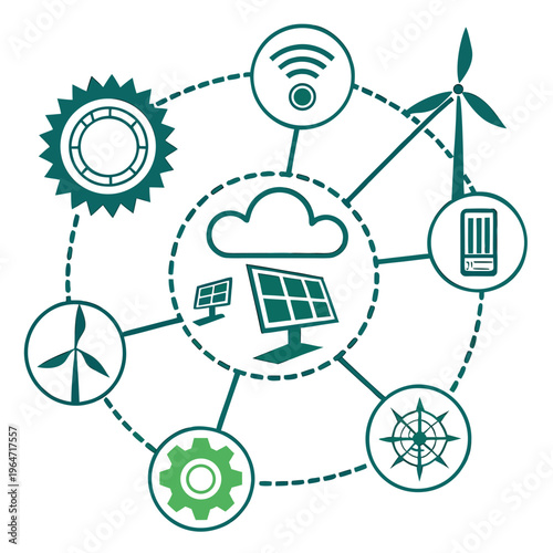 Renewable energy sources and technology solar panel wind turbine cloud wi-fi