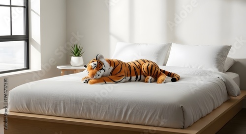Modern Bedroom Decor with Tiger Plush Toy on White Bed