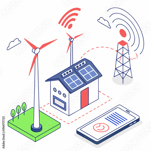 Smart home with wind turbines and mobile phone