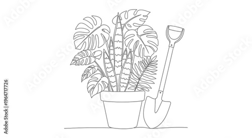 Minimalist botanical illustration featuring plants and gardening tools silhouette