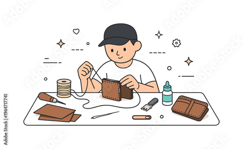 Handmade leather wallet process. A small work table with leather pieces, needle, thread, and a wallet taking shape. Thoughtful artisanal process with quiet