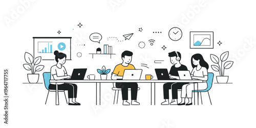 Remote work hub environment. People working on laptops at shared tables in a modern coworking space, calm focus and quiet productivity. Open layout with