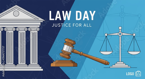 Law day justice symbols with gavel scales and courthouse on blue background for legal or law concept