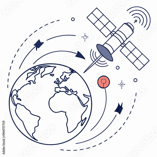 Satellite orbiting earth with signal globe