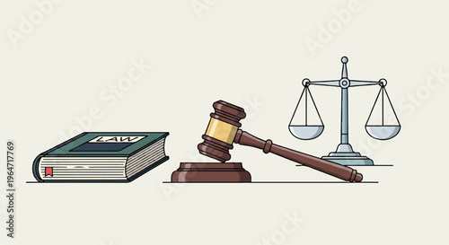 Law and justice symbols including book gavel and balance scales on a plain background representing legal judgment and order