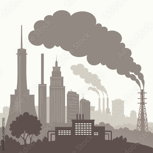 City skyline with smoke and pollution industrial ecology
