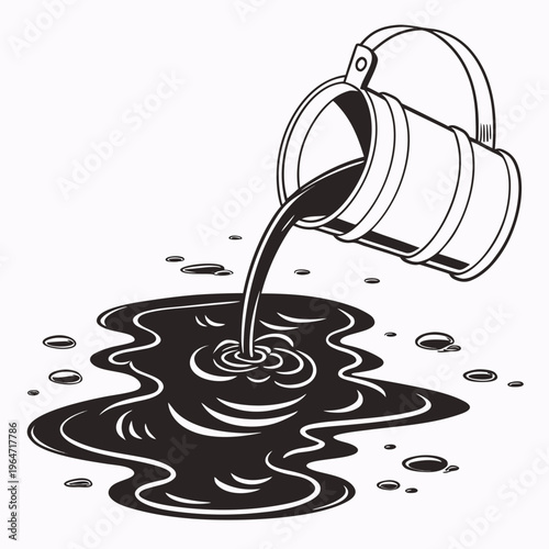 Black oil pouring from metal bucket onto ground spill