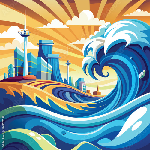 City skyline with a giant wave crashing towards it at sunset