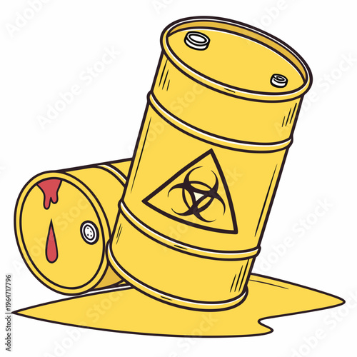 Yellow biohazard barrel lying on its side with liquid leaking
