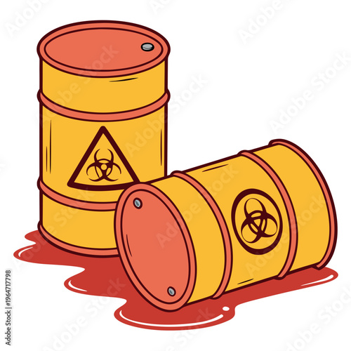 Yellow biohazard barrels with red liquid leaking