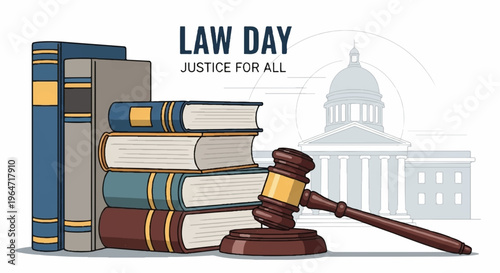 Justice system concept with gavel and law books on table near courthouse building for law day