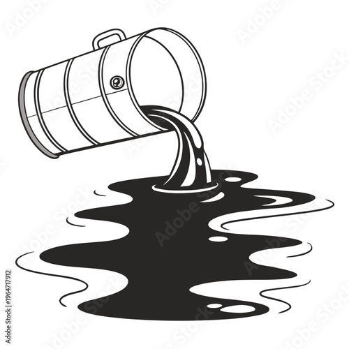 Black liquid pouring from metal barrel onto ground spill