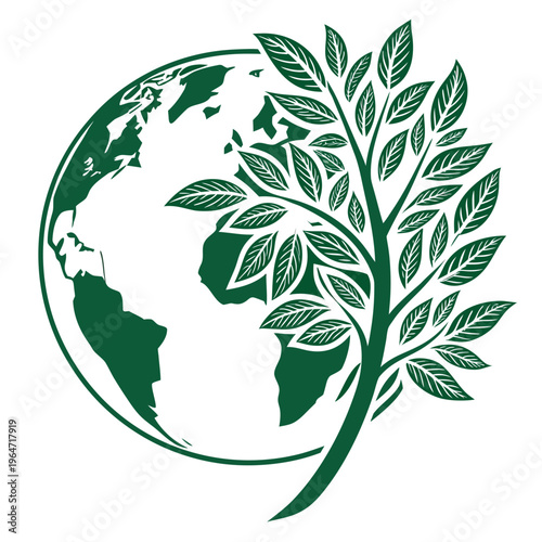 Green tree growing out of globe with continents visible earth