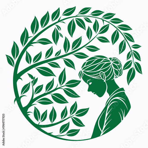 Green silhouette of woman with hair in bun surrounded by leafy branches hair bun leaves