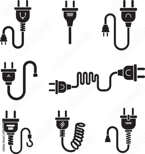 set of six common electrical plug types and power symbols vector illustration