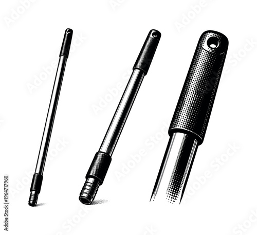 Mop handle, a realistic mop handle depicted vertically upright, angled view, and close-up grip section as three object studies highlighting cylindrical form