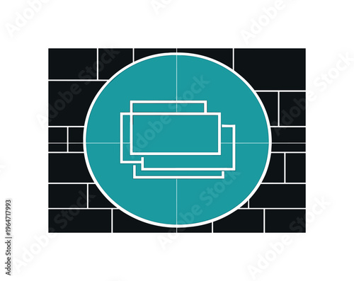 black structured grid background built from modular rectangular blocks, vibrant teal circle framing the central grid intersection, small white outlined