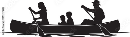 Joyful family silhouette paddling a canoe on serene waters, symbolizing shared outdoor recreation and unity