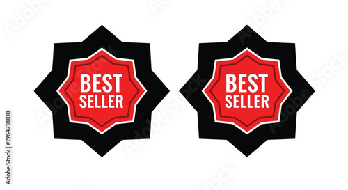 Two red best seller badges with starburst shapes a dark silhouette