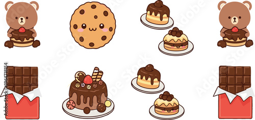 Cute Kawaii Chocolate Dessert Collection Featuring Bear, Cookies, Cakes and Sweet Treats Cartoon Style Vector Illustration Set