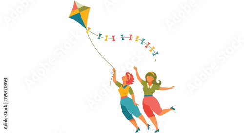 Two people flying kite vector illustration on white background