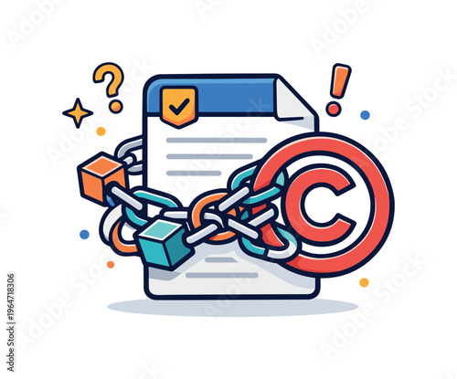 Blockchain copyright ambiguity shown as a smart contract icon tangled with a copyright symbol, reflecting unclear legal frameworks and unresolved protection