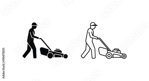 Lawn mower illustration with two people cutting grass Vector