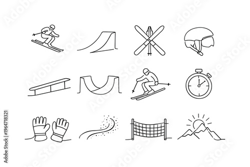 Freestyle Skiing and Snow Park Tricks. Minimalistic set one-line drawing [skier mid-air jump, ski ramp, crossed skis, helmet, terrain park rail, halfpipe,