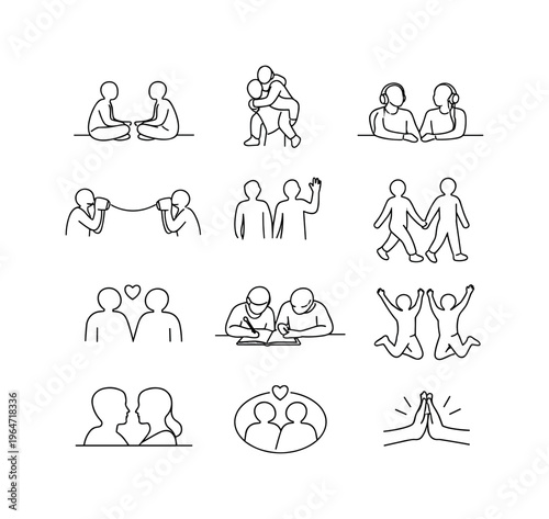 Everyday Friend Connections. Minimalistic set one-line drawing two figures chatting, friends sitting cross legged together, playful piggyback ride, shared